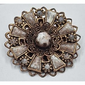 Vtg Copper Flecks Lucite Plastic Stones Coppertone Filigree Pierced Round Brooch